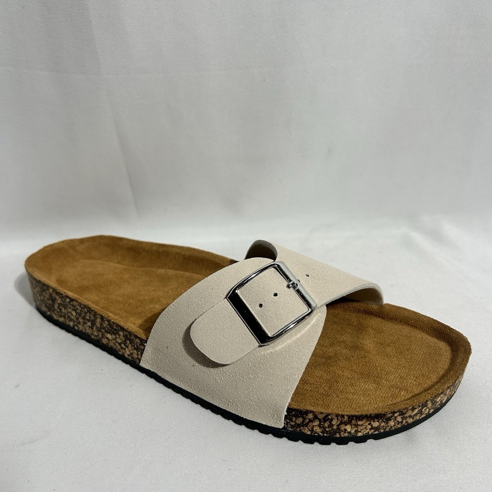 Augusun Women's Cork Sandals Genuine Leather Adjustable Buckle, Sz 40, Off-White